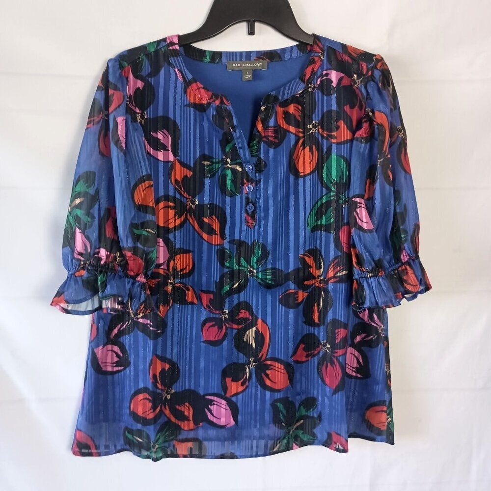 Kate & Mallory Blue Floral Blouse Size L NWOT 3/4 Sleeve Lightweight Top